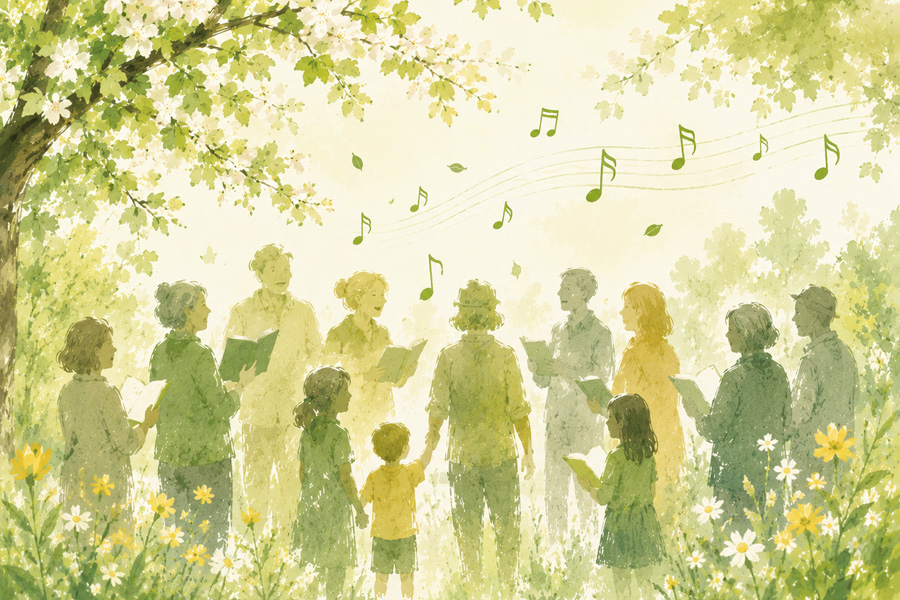 Illustration Jung und Alt beim Singen in einer grünen. frühlingshaften Umgebung