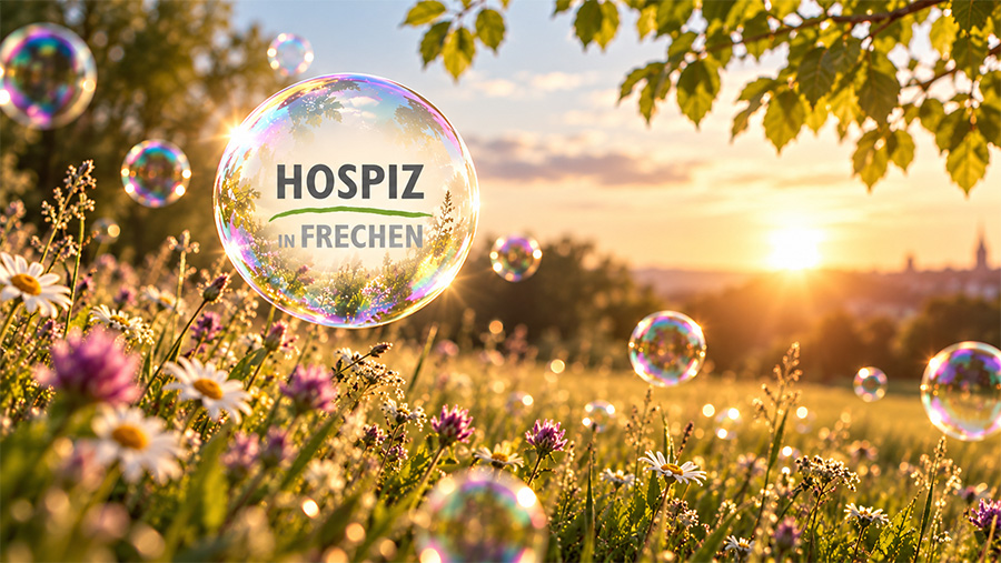 Wilde Blumenwiese im Sonnenaufgang. Seifenblasen, in einer davon das Logo vom Hospiz in Frechen e. V,